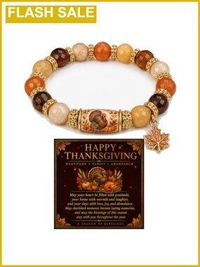 Beaded Stretch Bracelet Turkey Pumpkin Maple Leaf Charm Thanksgiving Fall